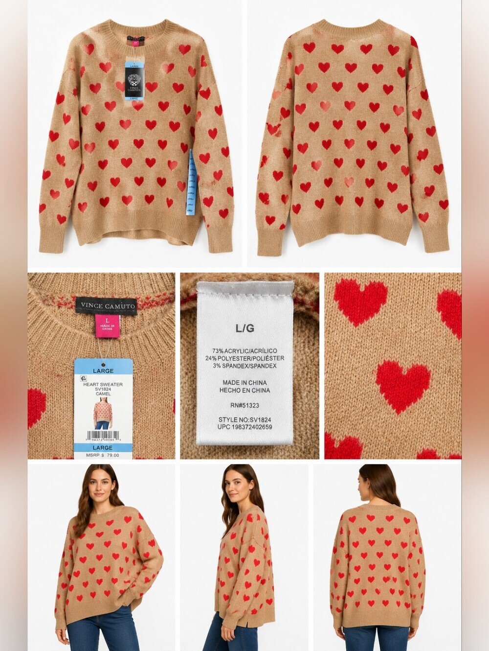 NWT Vince Camuto Heart Print Sweater Women’s Large Camel Red Hearts Crew Neck Kn